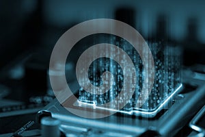 3D Rendering of digital binary data on microchip with glow circuit board background. Concept of for deep machine learning