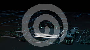 3D Rendering of digital binary data on microchip with glow circuit board background.
