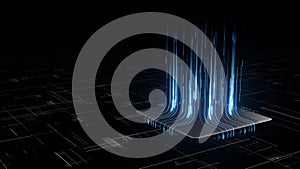 3D Rendering of digital binary data on microchip with glow circuit board background.