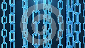 3D rendering digital blockchain code. Chain links network. Blue background. Concept of Network, cryptocurrencies