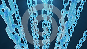 3D rendering digital blockchain code. Chain links network. Blue background. Concept of Network, cryptocurrencies