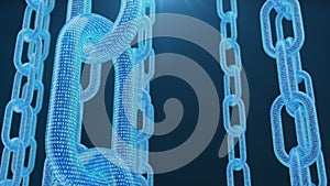 3D rendering digital blockchain code. Chain links network. Blue background. Concept of Network, cryptocurrencies
