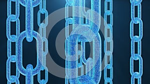 3D rendering digital blockchain code. Chain links network. Blue background. Concept of Network, cryptocurrencies
