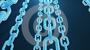 3D rendering digital blockchain code. Chain links network. Blue background. Concept of Network, cryptocurrencies
