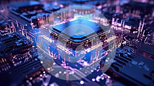 3D rendering digital of computer chip over circuit background