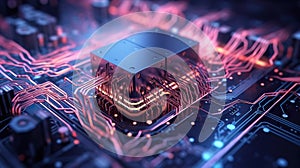 3D rendering digital of computer chip over circuit background
