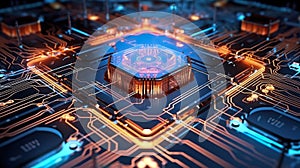 3D rendering digital of computer chip over circuit background