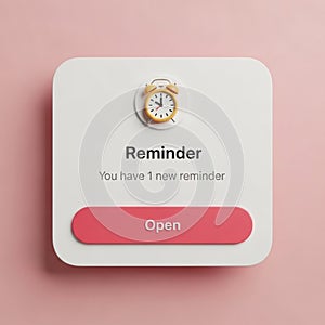 3D Rendering of a Digital Reminder Notification with an Alarm Clock Icon and Open Button