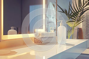 3d rendering modern interior of the bathroom, disinfectant gel for the hand and towel