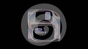 3D rendering of distorted transparent soap bubble in shape of symbol of save isolated on black background