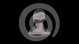 3D rendering of distorted transparent soap bubble in shape of symbol of user isolated on black background