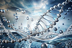 3D illustration of DNA molecule model from water. Science background with DNA molecules from water on gray. 3D rendering photo