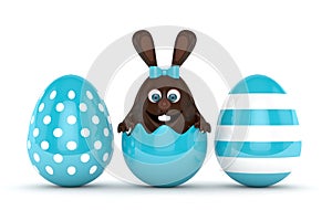 3d rendering of Easter chocolate bunny with painted eggs