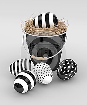 3d rendering of Easter eggs with decorative bucket