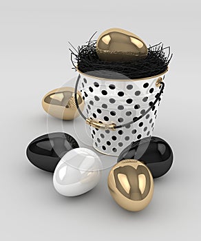 3d rendering of Easter elegant eggs and bucket