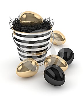 3d rendering of Easter elegant eggs and bucket
