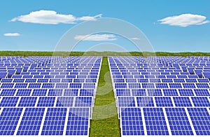 3d rendering. electric energy generator system, solar cells panels field farm industry on green grass land with blue sky as backgr