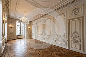Classic interior empty room with ornate mouldings photo