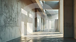 3d rendering of empty corridor interior with light and shadow from window