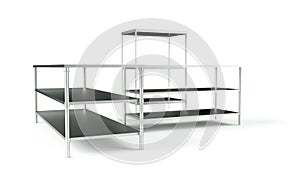 3d rendering of empty metal rack shelves isolated on white background. Industrial warehouses. Packaging and storage. Digital art photo