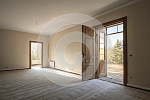 3D rendering of empty room with open door