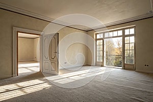 3D rendering of empty room with open door