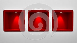 3d rendering of Empty 3 Rounded red Niche Shelf Display In The Wall.