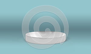 3D rendering of empty space for product display. round pedestal, azure background