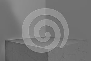 3D rendering of empty space for product display. square pedestal, gray background