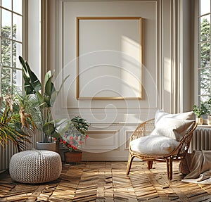 3D rendering of an empty vertical picture frame on the wall
