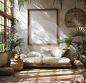 3D rendering of an empty vertical picture frame on the wall