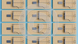 3d rendering of empty wooden mousetraps on array
