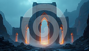 3D Rendering of an Epic Fantasy Gateway in a Mysterious Mountainous Realm photo