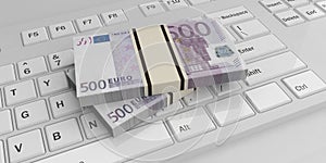 3d rendering euro banknotes stacks on a keyboard