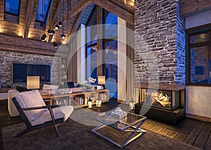 3D rendering of evening living room of chalet photo