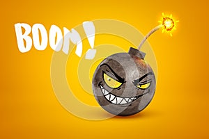 3d rendering of evil smiley cartoon ball bomb with fuse and BOOM sign on yellow background