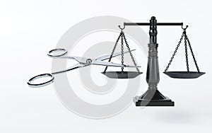 3D rendering of fair scales and scissors on a white background, inequality arises, Not justice symbol photo