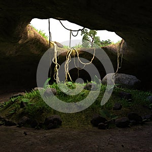 3d illustration of a fantasy cave entrance with a colorful sky
