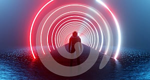 3D rendering a fantastic scene a lonely man in front of a neon red circles portal, teleport. An alien, mystical landscape, a