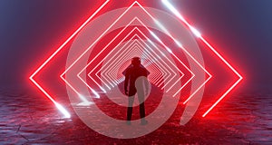 3d rendering fantastic silhouette of a lonely man in a helmet in front of luminous neon red rhombuses, portal squares, teleport.