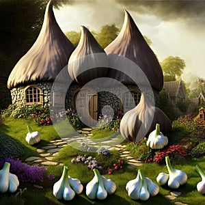 Fantasy garlic-lookalike cottage in a fairytale garden