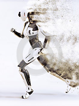 3D rendering of a female android robot dissolving while running