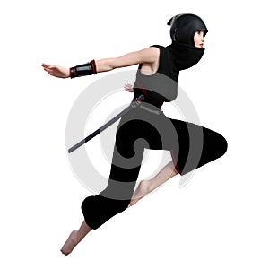 3D Rendering Female Ninja on White