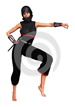 3D Rendering Female Ninja on White