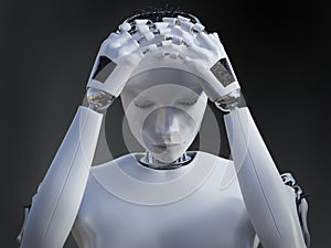 3D rendering of female robot looking sad.