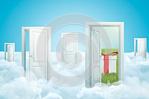 3d rendering of five doors standing on fluffy clouds, one door leading to green lawn with gift box on it.