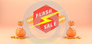 3D Rendering. Flash sale banner design with the Gold coin bag. Special Offer day and MEGA discounting photo
