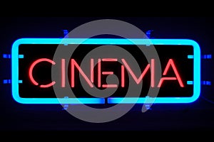 3D rendering flickering blinking red blue neon sign on black background, cinema movie film entertainment sign photo