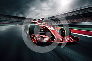 3D rendering of a formula 1 race car with fast motion blur, Ferrari F1 on the track. Sport car racing formula one in race track,