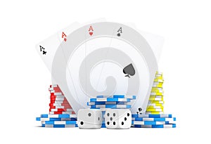 3d rendering of four different ace cards with casino chip stacks and white dice.